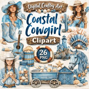 Peut inclure: Ensemble de cliparts aquarelle sur le thème de la cowgirl côtière. L'image présente des illustrations d'une guitare, de bottes de cow-boy, d'un phare, de coquillages, d'un cheval et le texte "Coastal Cowgirl Clipart 26 PNG". La palette de couleurs comprend des nuances de bleu, beige et marron.
