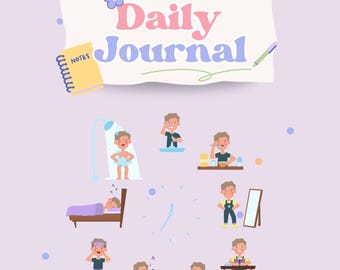 May include: A light purple background with the words "Kids Daily Journal" in pink and blue. The image features illustrations of a child's daily routine, including showering, brushing teeth, and going to school. A small notepad is also shown.