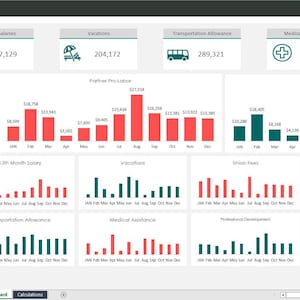 Puede incluir: Interfaz de panel que muestra visualizaciones de datos financieros. La sección superior muestra métricas clave como Socio Pro Laboral, Salarios de empleados y Vacaciones. Gráficos ilustran tendencias en varias categorías, incluyendo Costos de Terminación.