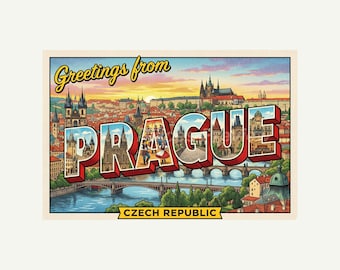 Prague Czech Republic Postcard, Retro Greetings From Wall Art Print, Vintage Printable Decor, Digital Download Gift