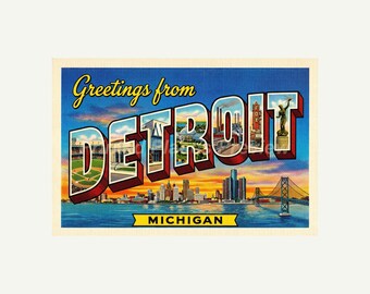 Detroit Michigan Postcard, Retro Greetings From Wall Art Print, Vintage Printable Decor, Digital Download Gift