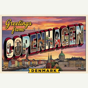 May include: Vintage postcard featuring the words "Greetings from Copenhagen" in bold, 3D lettering. The image includes illustrations of Danish landmarks, people, and a sunset over the water. The word "Denmark" is at the bottom.