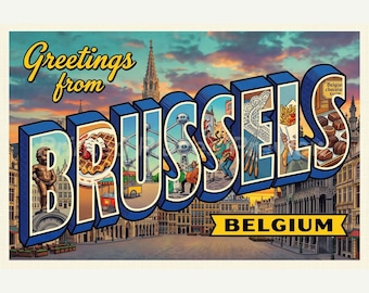 Vykort med Bryssel, Belgien, retro väggkonsttryck, utskrivbar vintagedekor, digital nedladdning som present