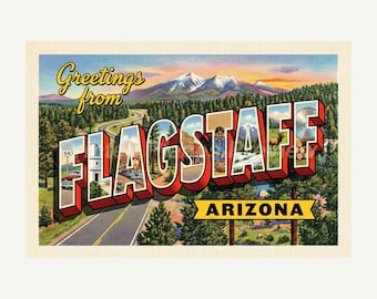 Flagstaff Arizona Postcard, Greetings From Style, Retro Mid-Century Travel Art, Printable Digital Download