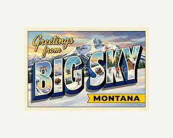 Big Sky Montana Postcard, Retro Greetings From Wall Art Print, Vintage Printable Decor, Digital Download Gift