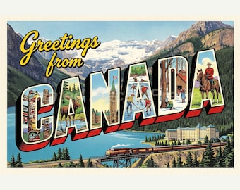 Canada Postcard, Retro Greetings From & Salutations du Wall Art Print, Vintage Printable Decor, Digital Download Gift