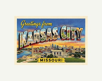 Kansas City Missouri Postcard, Retro Greetings From Wall Art Print, Vintage Printable Decor, Digital Download Gift