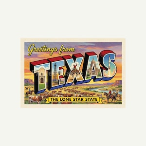 Pode incluir: Postal vintage com as palavras "Greetings from Texas" em letras grandes e coloridas. A palavra "Texas" apresenta imagens do Alamo, um cowboy, o capitólio estadual e um lançamento de foguete. A parte inferior diz "The Lone Star State."