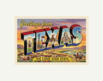 Texas Greetings From Style, Retro Mid-Century Travel Gift Wall Art, Printable Postcard Digital Image Download