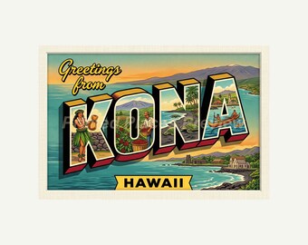 Kona Hawaii Postcard, Retro Greetings From Wall Art Print, Vintage Printable Decor, Digital Download Gift