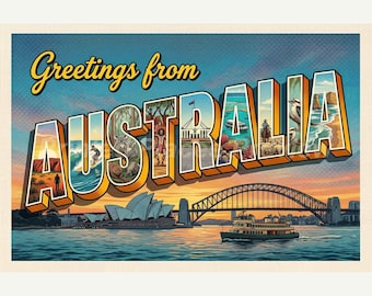 Australia Postcard, Retro Greetings From Wall Art Print, Vintage Printable Decor, Digital Download Gift