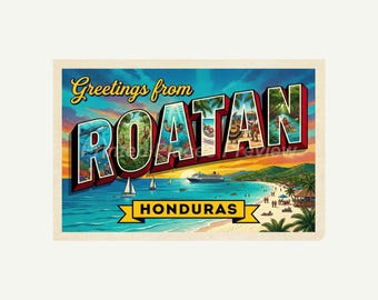 Postal de Roatán, Honduras, impresión retro de saludos desde la pared, decoración vintage imprimible, regalo de descarga digital
