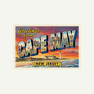 May include: Vintage postcard with the text "Greetings from Cape May, New Jersey." The image features a colorful sunset over a beach scene with a lighthouse, buildings, and the ocean. The postcard has a retro design.