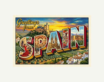 Spain Postcard, Retro Greetings From Wall Art Print, Vintage Printable Decor, Digital Download Gift