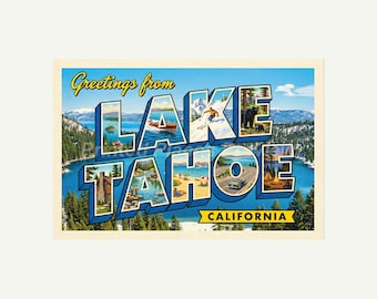Lake Tahoe California Postcard, Retro Greetings From Wall Art Print, Vintage Printable Decor, Digital Download Gift