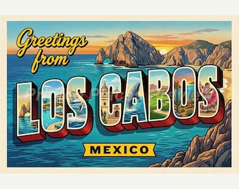 Los Cabos Mexico Postcard, Retro Greetings From Wall Art Print, Vintage Printable Decor, Digital Download Gift