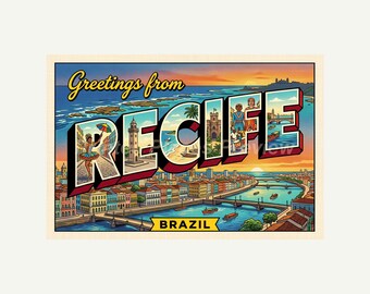 Recife Brazil Postcard, Retro Greetings From Wall Art Print, Vintage Printable Decor, Digital Download Gift