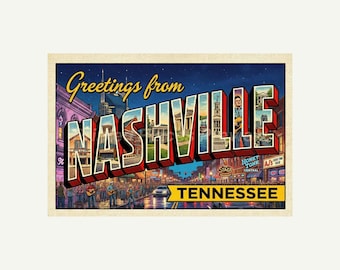 Nashville Tennessee Postcard, Retro Greetings From Wall Art Print, Vintage Printable Decor, Digital Download Gift