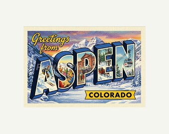 Aspen Colorado Postcard, Retro Greetings From Wall Art Print, Vintage Printable Decor, Digital Download Gift