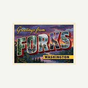 May include: Vintage postcard with the text "Greetings from Forks Washington." The image features a scenic view of a river, forest, and mountains, with a wolf and a fisherman. The postcard has a retro design with a yellow border.