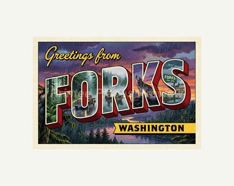 Forks Washington Postcard Greetings From Style Retro Wall Art Print Printable Vintage Decor Gift Digital Image Download