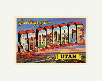 St. George Utah Postcard, Retro Greetings From Wall Art Print, Vintage Printable Decor, Digital Download Gift