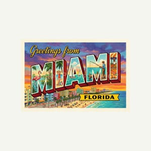 May include: Vintage postcard with the words "Greetings from Miami Florida." The image features a flamingo, beach scene, sailboats, and a person fishing. The sky is a gradient of orange, purple, and blue.