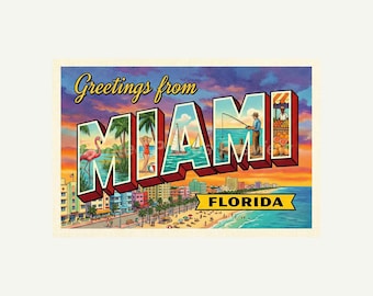 Miami Florida Postcard, Retro Greetings From Wall Art Print, Vintage Printable Decor, Digital Download Gift