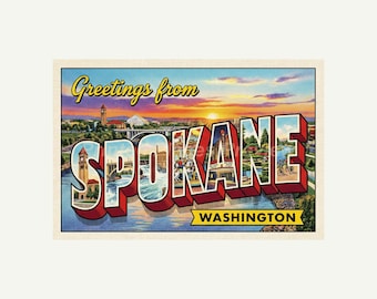 Spokane Washington Postcard, Retro Greetings From Wall Art Print, Vintage Printable Decor, Digital Download Gift