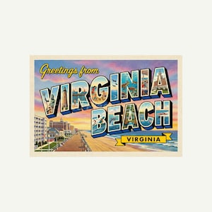 May include: Vintage postcard featuring "Greetings from Virginia Beach." The design includes illustrations of the beach, boardwalk, and local landmarks. The text is in a retro style with a blue and yellow color scheme.