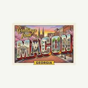 Vykort med hälsningar från Macon, Georgia, retro väggkonsttryck, utskrivbar vintagedekor, digital nedladdning för present