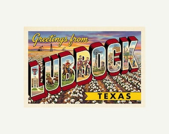 Lubbock Texas Postcard, Retro Greetings From Wall Art Print, Vintage Printable Decor, Digital Download Gift