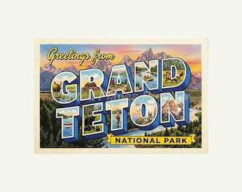 Grand Teton National Park Postcard, Retro Greetings From Wall Art Print, Vintage Printable Decor, Digital Download Gift