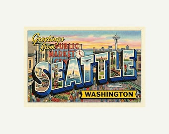 Seattle Washington Postcard, Retro Greetings From Wall Art Print, Vintage Printable Decor, Digital Download Gift
