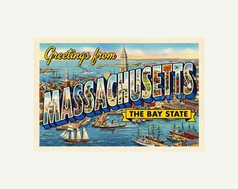 Massachusetts, Greetings From Style, Retro Mid-Century Travel Gift Wall Art, Printable Postcard Digital Image Download