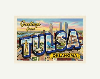 Tulsa Oklahoma Postcard, Retro Greetings From Wall Art Print, Vintage Printable Decor, Digital Download Gift