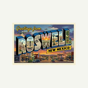 May include: Vintage postcard with the text "Greetings from Roswell, New Mexico." The image features a stylized depiction of the town, with a street scene, buildings, and a sunset. Two UFOs are in the sky.