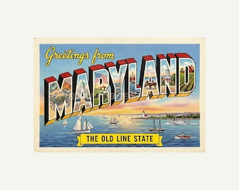 Maryland, Greetings From Style, Retro Mid-Century Travel Gift Wall Art, Printable Postcard Digital Image Download