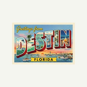 May include: A vintage postcard reading "Greetings from Destin Florida." The word "Destin" is in large, colourful letters with images of the beach, boats, and a sunset. The postcard has a retro aesthetic.