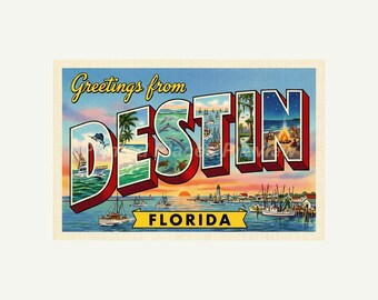 Destin Florida Postcard, Retro Greetings From Large Letter Wall Art Print, Vintage Printable Decor, Digital Download Gift
