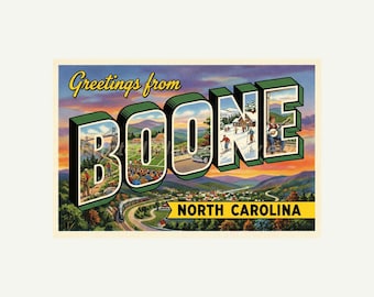 Boone North Carolina Postcard, Retro Greetings From Wall Art Print, Vintage Printable Decor, Digital Download Gift