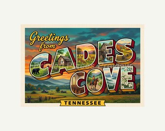 Cades Cove Tennessee Postcard, Retro Greetings From Wall Art Print, Vintage Printable Decor, Digital Download Gift