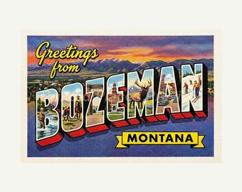 Bozeman Montana Postcard, Greetings From Style, Retro Mid-Century Travel Art, Printable Digital Download