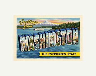 Washington State Greetings From Style, Retro Mid-Century Travel Gift Wall Art, Printable Postcard Digital Image Download