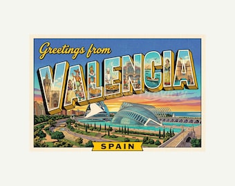 Valencia Spain Postcard, Retro Greetings From Wall Art Print, Vintage Printable Decor, Digital Download Gift