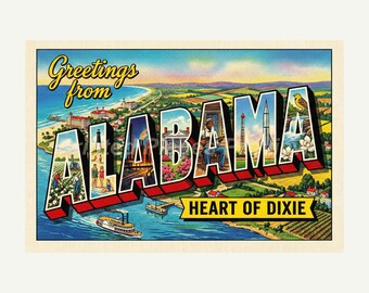 Alabama, Greetings From Style, Retro Mid-Century Travel Wall Art, Printable Digital Image Download