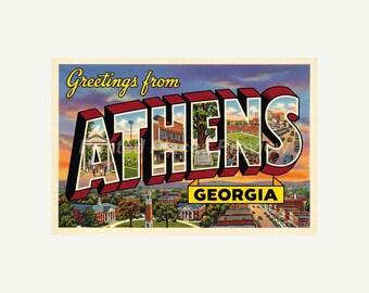 Athens Georgia Postcard, Retro Greetings From Wall Art Print, Vintage Printable Decor, Digital Download Gift