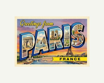 Paris France Postcard, Retro Greetings From Wall Art Print, Vintage Printable Decor, Digital Download Gift