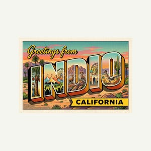 May include: Vintage postcard with the text "Greetings from INDIO CALIFORNIA." The word INDIO is in large, 3D letters, with illustrations of a Ferris wheel, desert landscape, and a roadrunner. The sky is a gradient of orange and blue.