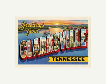 Clarksville Tennessee Postcard, Retro Greetings From Wall Art Print, Vintage Printable Decor, Digital Download Gift